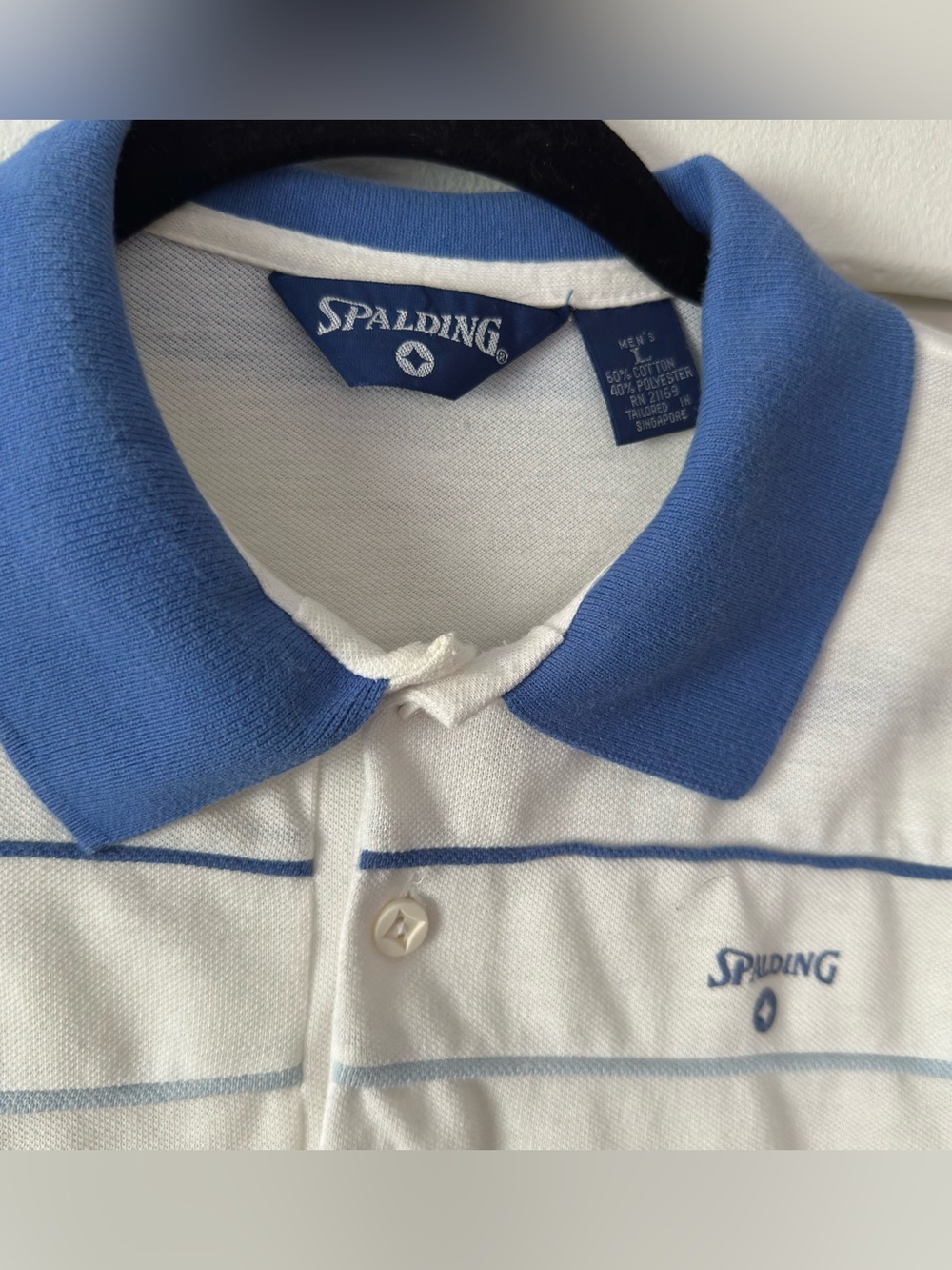 Vintage Spalding White Polo with Blue Collar and Stripe Accents